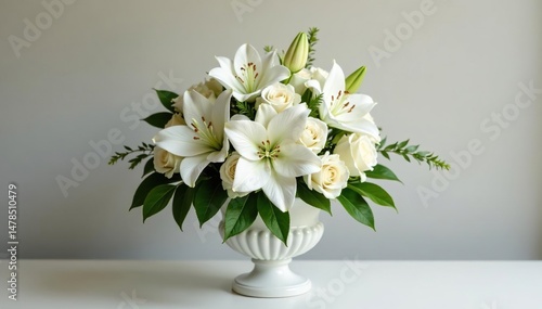Elegant white lilies and roses funeral arrangement in a classic urn Perfect for sympathy, remembrance, or memorial , petals, condolences