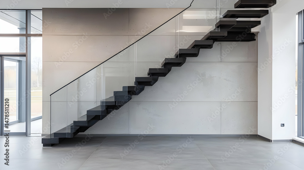 Obraz premium Modern Black Staircase With Glass Railing In Open Plan Contemporary Interior