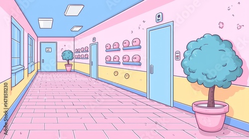 Pastel Pink And Blue Pixel Art School Corridor With Potted Plants