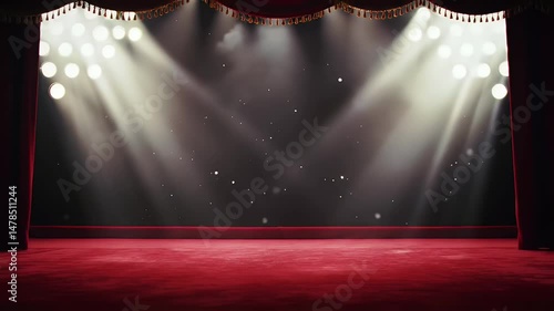 Opening Red Stage Curtains with Spotlight and Floating Dust Particles