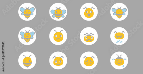 Cartoon Bees with Varied Expressions in White Circles Yellow and Gray Stripes