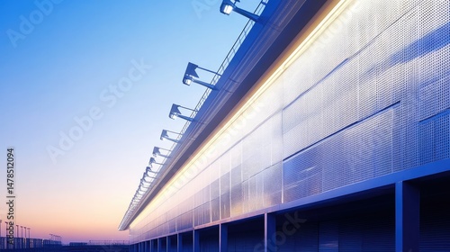Modern stadium faade with perforated metal cladding and LED lighting along the perimeter