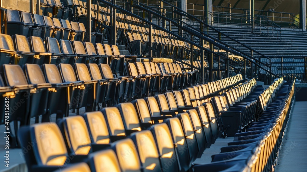 Fototapeta premium Oblique view of empty tiered stadium seating with handrails forming diagonal lines across the frame