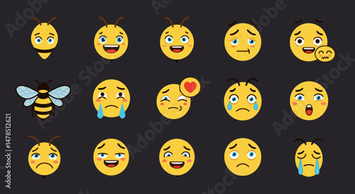 Expressive Bee Emojis Displaying Various Emotions and Facial Expressions