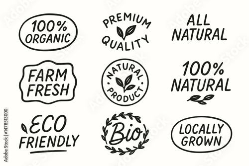 Hand drawn organic and eco friendly food labels and natural product vector badges set
