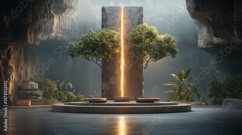 Ancient portal with glowing light, lush greenery, and tranquil stone architecture