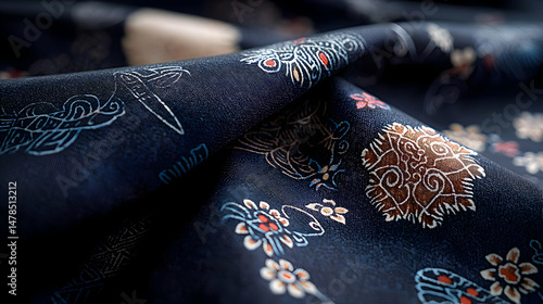 Close Up View Of Dark Blue Fabric With Floral Pattern