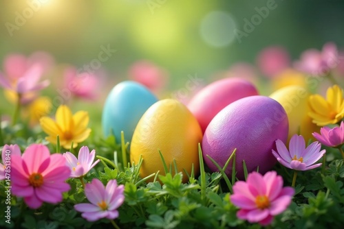 Colorful Easter eggs nestled in a bed of spring flowers, celebrating the religious holiday , faith, resurrection, celebration