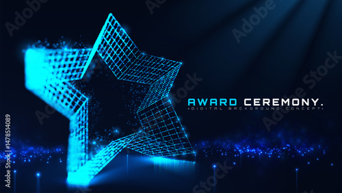 Award Ceremony Background with Blue Glowing Digital Grid in Star Shape with Glittering Lights and Bokeh Decoration on Dark Scene in Futuristic Technology Design Concept.