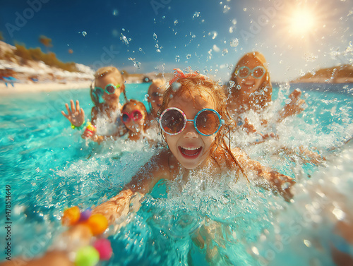 joyful photograph of children playing in the shallow water at a sunny beach, splashing and laughing, with colorful beach toys scattered around,