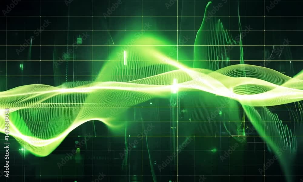 Vibrant lime green and neon chartreuse glowing waveforms drifting over a dark tech-inspired grid Vibrant lime green and neon chartreuse glowing waveforms drifting over a dark tech-inspired grid