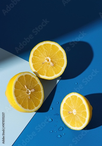 Vibrant still life of fresh cut yellow lemons on a modern graphic blue and white background. Summer refreshment, healthy food, and vitamin C concept with hard shadows and water drops.