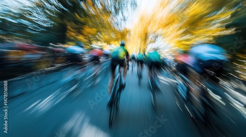 Cyclists In Motion Through a Blurred Landscape