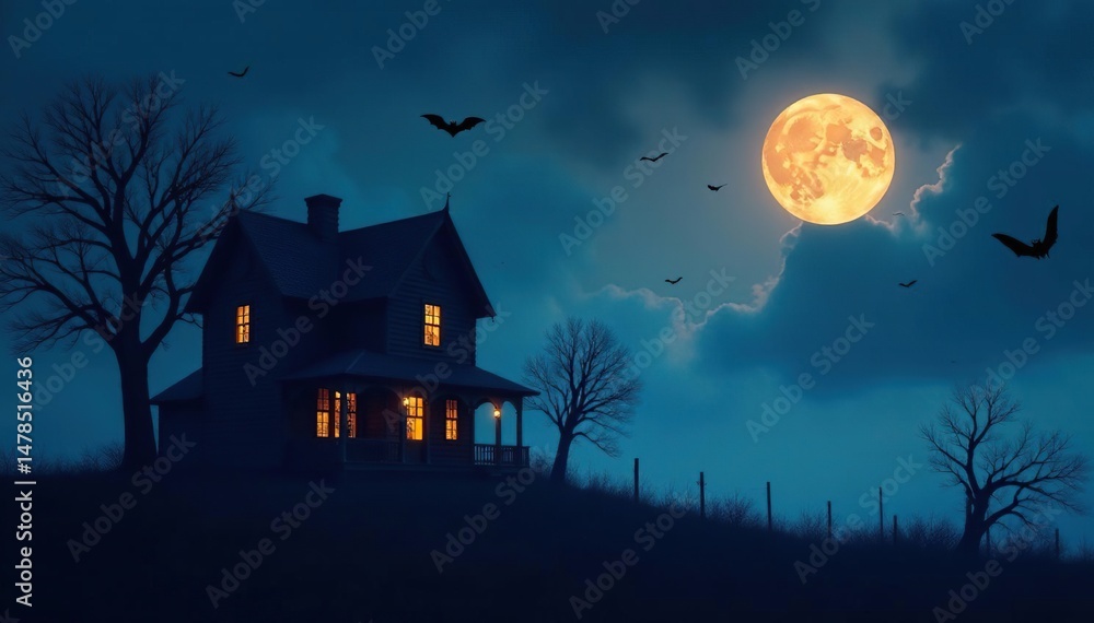 Spooky silhouette of a haunted house against a midnight Halloween sky, full moon glowing , dark, gothic, spooky house Spooky silhouette of a haunted house against a midnight Halloween sky, full moon glowing , dark, gothic, spooky house