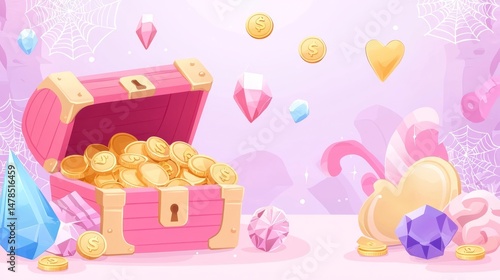Pixel Art Pink Treasure Chest With Gold Coins And Gems