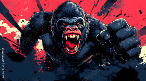 A gorilla with red eyes and teeth is shown in a black and orange background