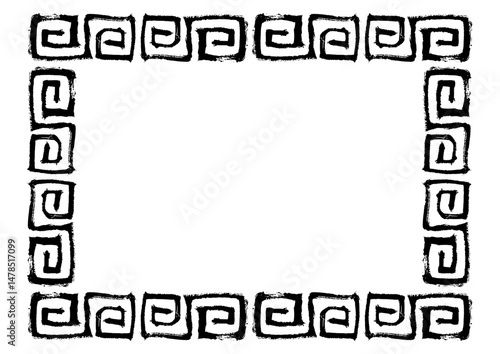 中華風フレーム。筆タッチの手描き雷紋。黒の四角