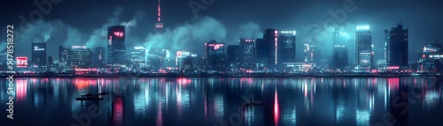 Neon cityscape reflected in a tranquil water body