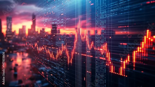 Wallpaper Mural City Skyline at Dusk with Digital Data Overlay Torontodigital.ca