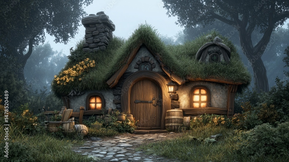 Fototapeta premium Rustic Cottage In A Misty Forest At Dusk