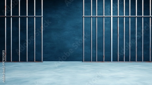 Rusty Metal Prison Cell Bars Against Dark Blue Concrete Wall