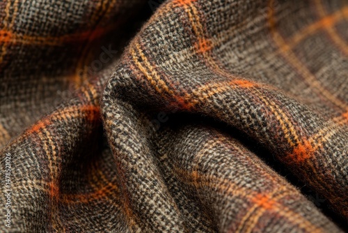 Textured brown fabric with orange plaid lines in a close up shot. Ideal for backgrounds, textures, or designs related to fashion.