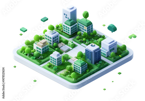 3D isometric icon, a community with green houses and buildings, white background color, light colors, green map location 