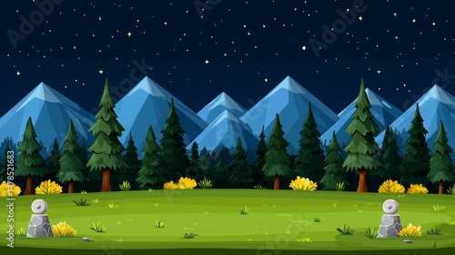Serene Night Landscape Green Meadow, Dark Trees, Blue Mountains Under Starry Sky