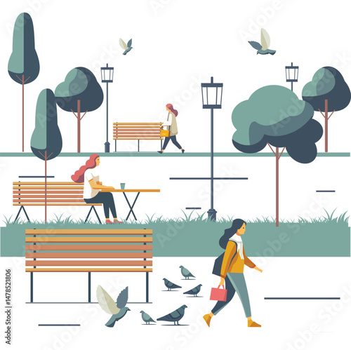 Art & Illustration Art & Illustration Vector illustration of a girl walking in the park with pigeons.