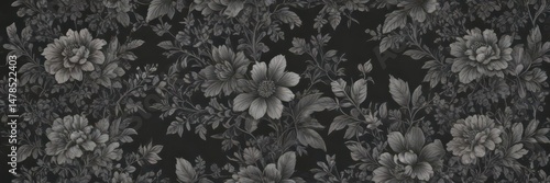 Elegant charcoal small-scale floral wallpaper  Intricate botanical details, seamless repeat , modern, botanical, stylish