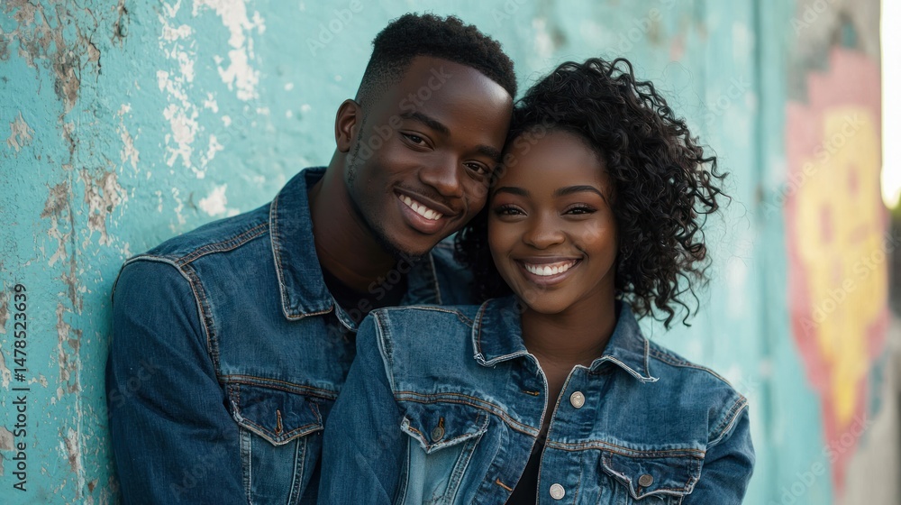 Obraz premium A young couple in matching denim jackets taking a candid photo