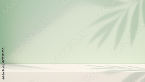 Elegant contemporary natural light shadow on green wall and table top for organic beauty cosmetic and skin care product display background