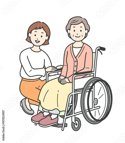 車椅子の高齢女性と介助をする若い女性のイラスト
