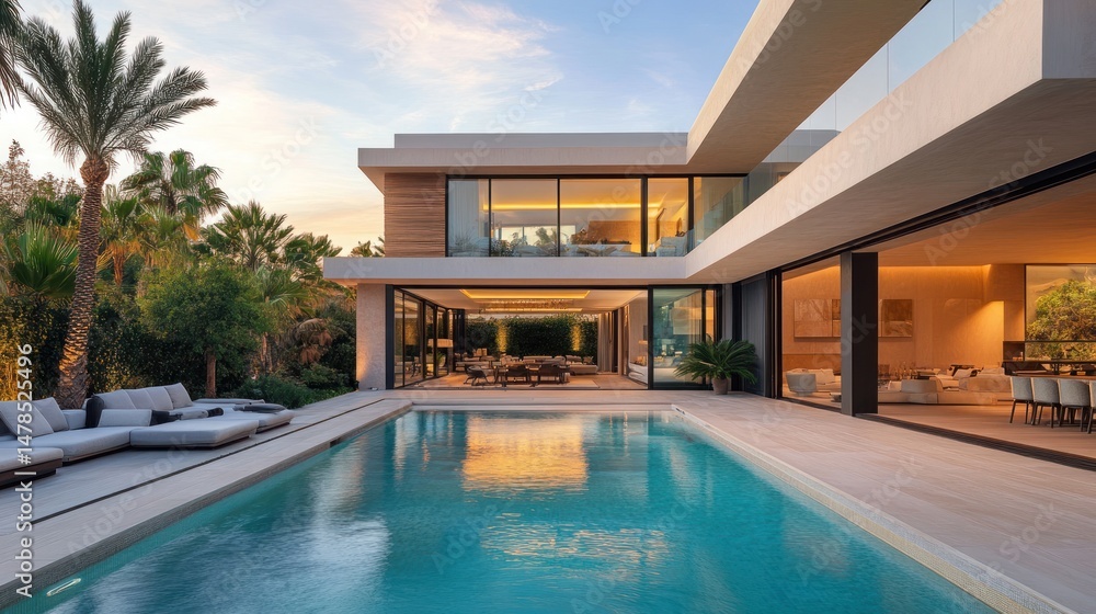 Obraz premium Luxury Modern Villa with Infinity Pool at Sunset
