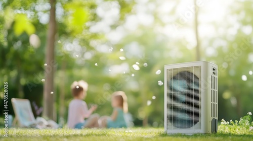 Children Playing Outdoors Near Air Conditioning Unit in Summer