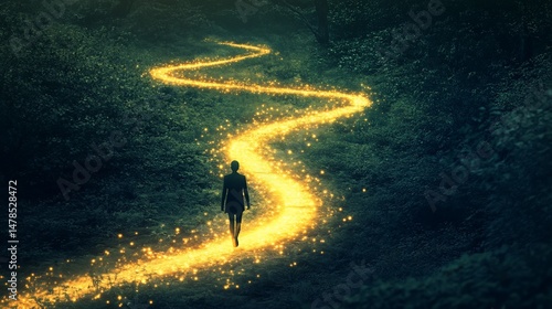 A mystical path unfolds as a silhouetted figure embarks on a journey of light and shadow