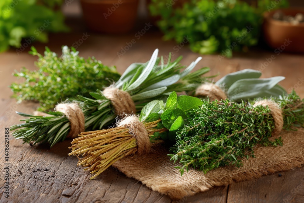 variety of fresh herbs tied with kitchen twine variety of fresh herbs tied with kitchen twine