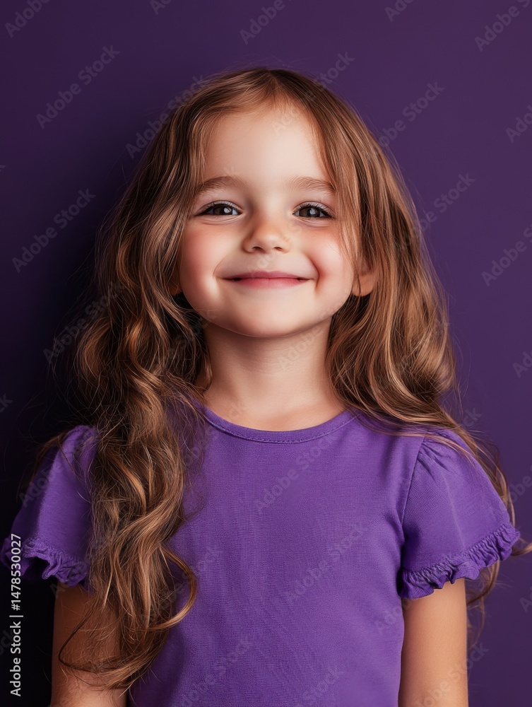 Naklejka premium Smiling little girl portrait in purple shirt, headshot, studio shot, direct gaze, happy expression, cute child