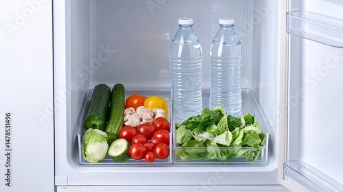 Fresh Vegetables and Water Bottles in Organized Refrigerator Shelf