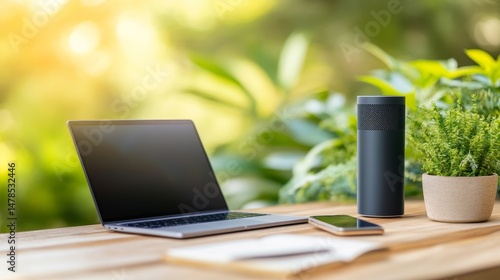 Modern Workspace with Laptop, Speaker, and Greenery Outdoors