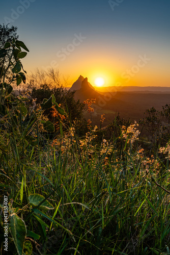 Sunset Behind Mount Coonowrin in Glass House Mountains, Queensland, Australia