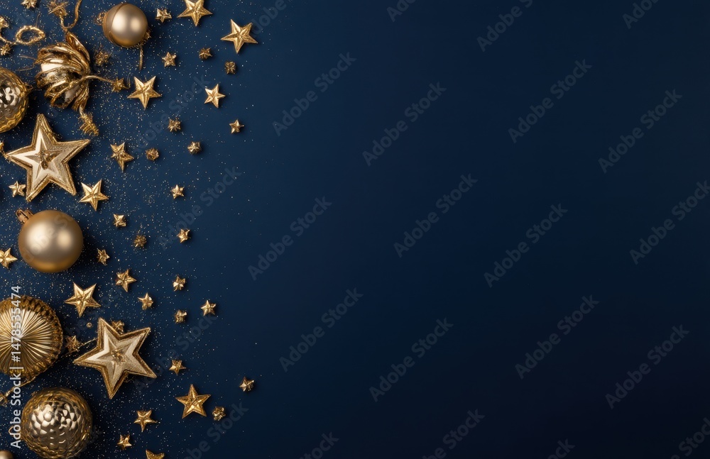 Fototapeta premium Festive golden ornaments arranged on a deep navy backdrop.