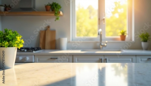 A sparkling clean kitchen counter, sunlight streaming in through a window , clean, wipe, bright