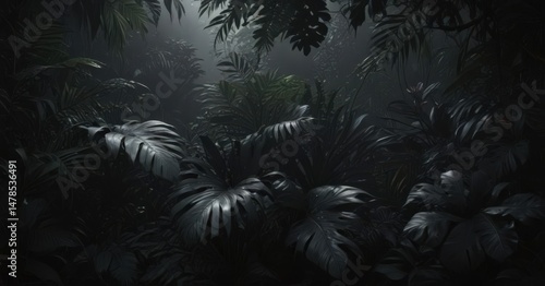 Intricate dark tropical leaves, vines, shadows on black  Lush, mysterious jungle foliage ,  close up,  moody,  botanical