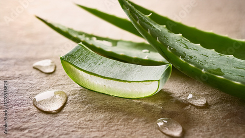 Close-up of translucent aloe vera gel streaked smoothly on a textured beige stone surface, water droplets adding a fresh and hydrating look, soft diffused lighting, simple natural aesthetic, without b