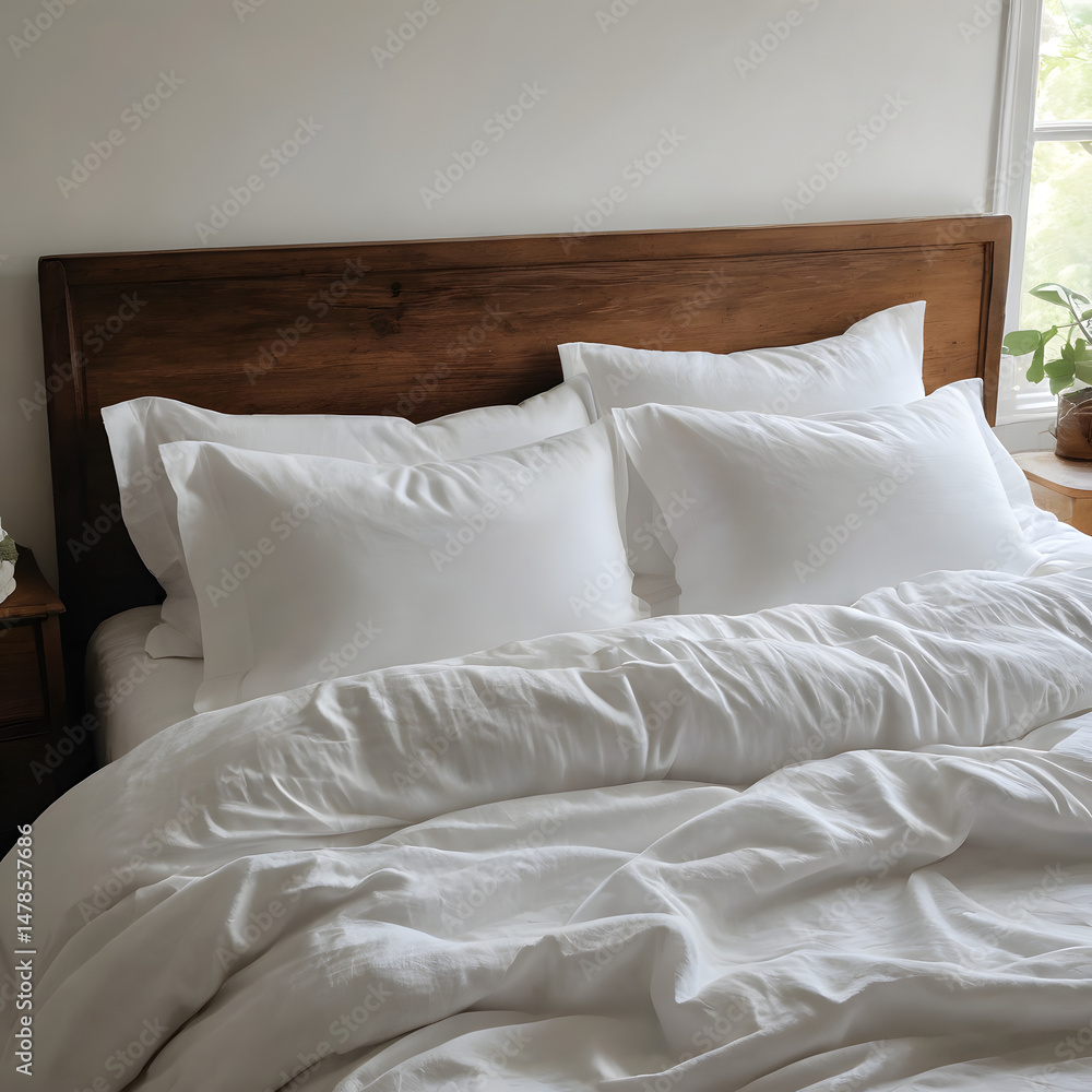 Obraz premium Cozy bed, white linens, morning light