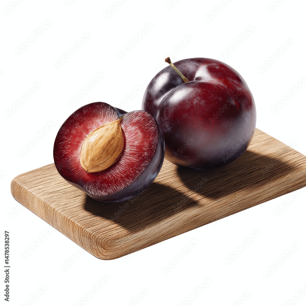 Obraz premium Fresh Plums on Wooden Cutting Board - Vibrant Red and Purple Fruit