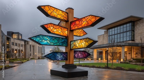 Colorful directional sign in campus setting