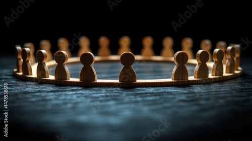 Community Gathering: A visual metaphor of unity, collaboration, and interconnectedness unfolds, featuring wooden figures arranged in a perfect circle on a textured surface.