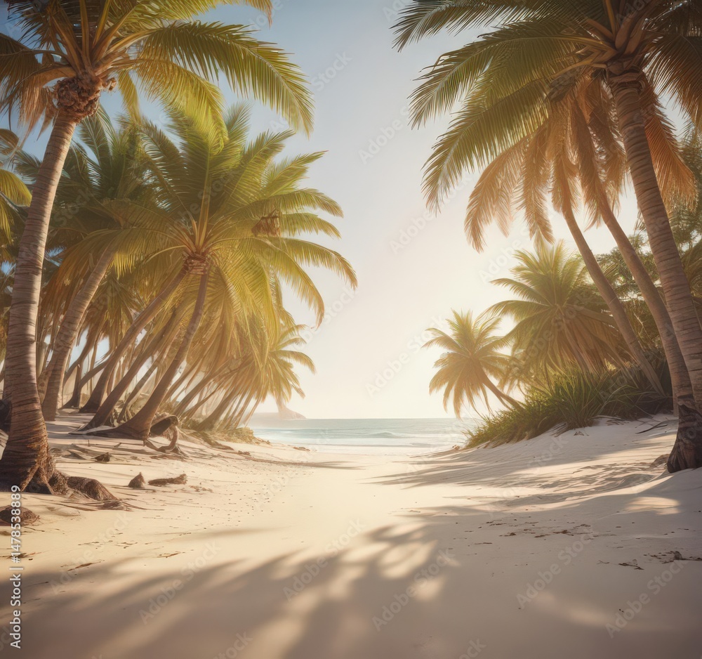 Obraz premium Sun-drenched palm trees arch over pristine sand, vintage film grain , turquoise, aged